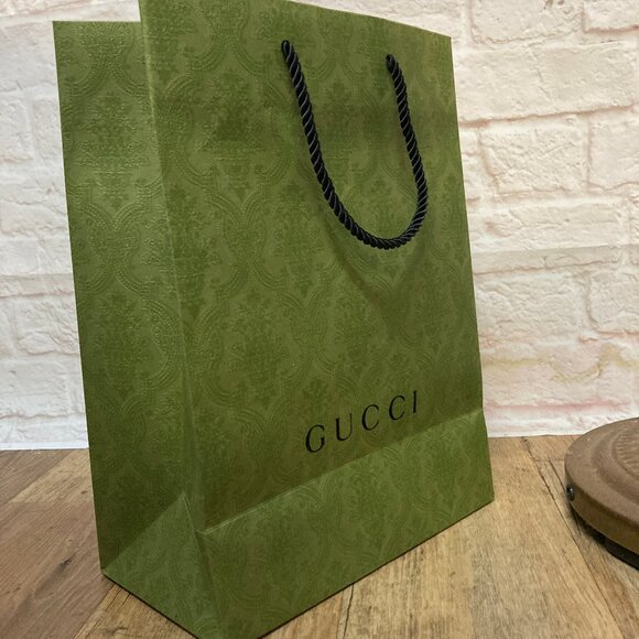 Gucci Green Paper Shopping/Gift Bag, Embossed Damask Pattern, 10x14x5 inches - Picture 1 of 4